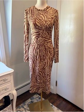 AFRM Long Sleeve Brown Beige Animal Print Midi Dress | Size Medium